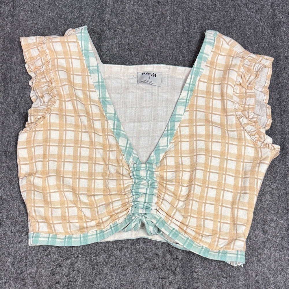 Hurley Plaid Crop Top with Ruffle Sleeves